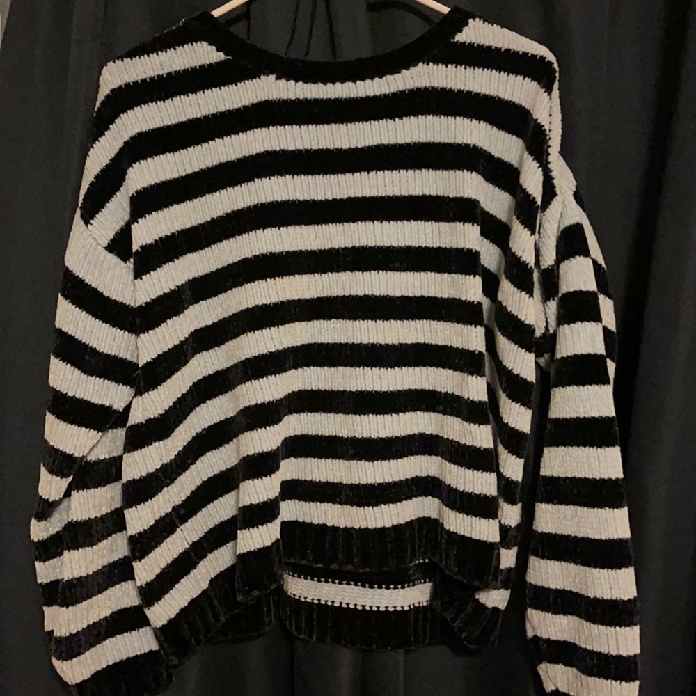 Soft and cozy blue and black striped sweater